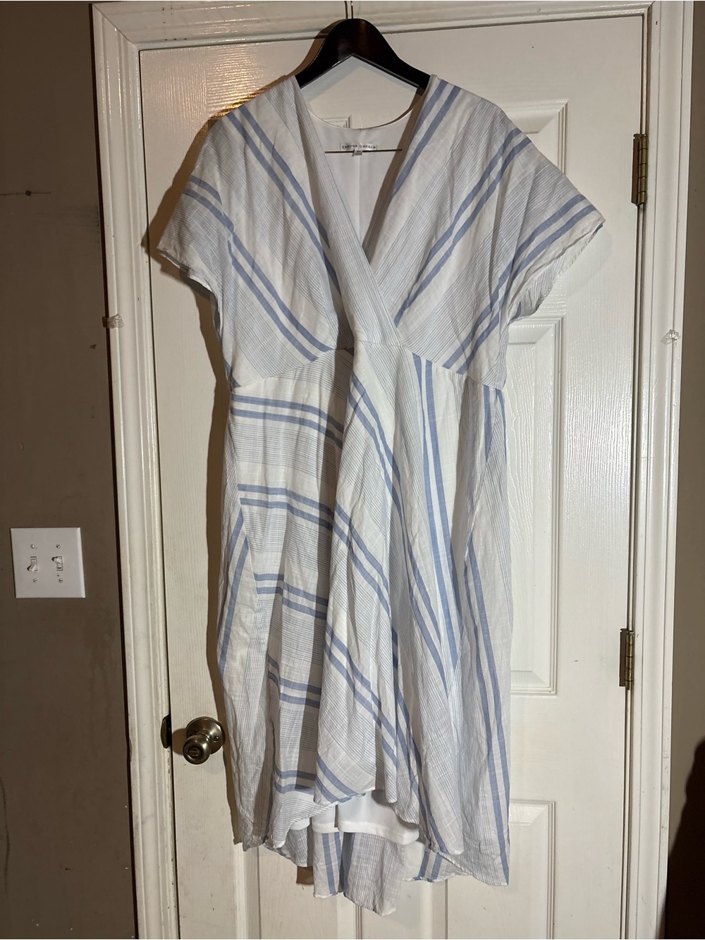 Sandra Darren White and Light Blue Striped High-Low Dress